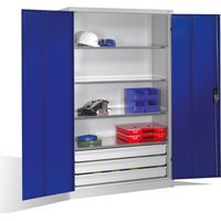 Armoire à outils C+P à portes battantes, 4 tablettes et 3 tiroirs, H1950xL1200xP500mm Façade bleu gentiane Corps gris clair