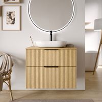 BERNSTEIN - Mueble lavabo suspendido MDF Roble estriado 80x46x62cm, Encimera de lavabo negro mate + Tirador cromado - TIM80 cromo, Negro mate, Roble perfilado gris niebla