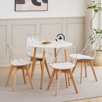 Wokaka Lote de mesa y 4 sillas - Mesa redonda - Escandinavo - Sillas de acrílico transparente - Patas de madera maciza