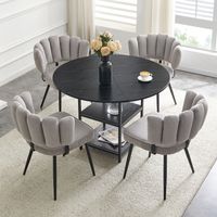 Ensemble repas : table ronde de 107 cm (avec rangement à deux niveaux) + 4 chaises grises (avec dossiers en forme de pétale et tissu texturé) un ensemble au style industriel adapté aux petits espaces