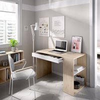 Dmora - Schreibtisch Dfalc, Mehrzweckschreibtisch für Büro oder Schlafzimmer, linearer Arbeitstisch mit Regalen, 115 x 50 x 74 cm, Eiche und Weiß