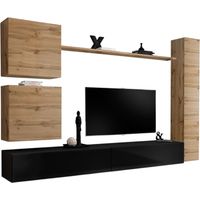 Wohnzimmerwand-Set SWITCH VIII. Designer TV-Wandmöbel, in glänzendem Schwarz und Wotan-Eiche.