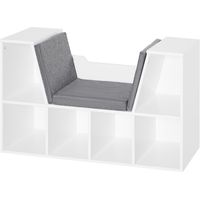 Bibliothèque roulante 6 sections 2 en 1 avec coussins, bois, éponge et polyester, 102x30x61 cm, blanc