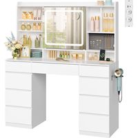 WOLTU Coiffeuse avec Miroir LED Coulissant, Grande Coiffeuse avec 9 Tiroirs, Luminosité Réglable, en Bois, Blanc