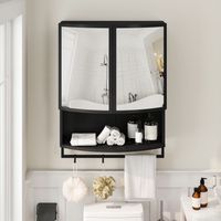 60CM Modern Arched Glass Double-Door Wardrobe with Shatterproof Non-Glass Mirror-Double-Layer Storage,Open Shelf & Towel Rack for Entryway, Living Room,Bathroom, Dining Room (Black)
