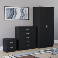 Riano 3 Piece Bedroom Set (2 Drawer Bedside Chest, 5 Drawer Chest, 2 Door Wardrobe), Black