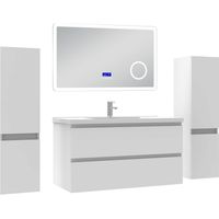 Acezanble ensemble meuble 100 cm blanc avec 2 tiroirs à fermeture automatique, lavabo céramique + miroir salle de bain Bluetooth tricolore + 2 colonnes, suspendu