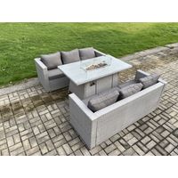 Fimous 6-Sitzer Polyrattan Gartenmöbel Set mit 2 Sofa, Gas Feuertisch Outdoor Terrassen Essgruppe Helles Grau