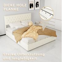 Bett 160x200 cm beige aus Stoff und Metall, hohes Kopfteil, Lattenrost, Stauraum unter dem Bett
