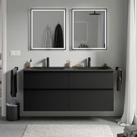 BERNSTEIN - Mueble lavabo suspendido MDF negro mate, lavabo fundición negro mate + orificio grifería, tirador antracita mate 140x46x62cm LAVOA Negro mate, antracita mate, Negro mate con orificio para