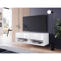 Meuble TV Lowboard A 100 cm, meuble TV sans éclairage LED, deux étagères, couleur blanc / blanc brillant