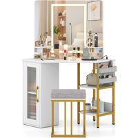 Corner Vanity Table with Stool, LED Mirror, Charging Ports