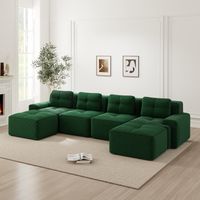 Modulares 4-Sitzer-U-Sofa, 32D-Elastik, Cord, 2 Hocker, rahmenlos, extra tiefe Sitze, 382 x 177 x 69 cm, grün