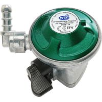 Regolatore quick-on 1.5 kg/h di bassa pressione per uso domestico, utilizzabile su bombole GPL tipo Agip diametro 22, Taratura Fissa 29 MBar Portagomma a 45°