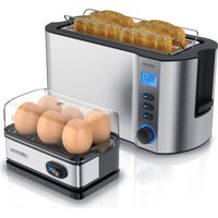 Arendo 2-teiliges Frühstücksset, Langschlitz 4-Scheiben Toaster MANHA, 6er Eierkocher, Silber