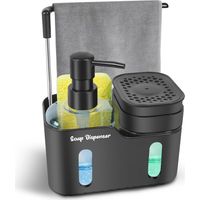 Lot de 2 distributeurs de savon pour évier de cuisine, distributeur de savon 4 en 1 avec porte-éponge, rangement de brosses et crochet pour torchons, design amovible et antidérapant, noir'Parent'Noir'