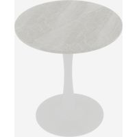 27.6-inch white coffee table, mid-century modern style dining table, suitable for 2-4 people, featuring a round marble tabletop with a white veined finish, perfect for various settings.
