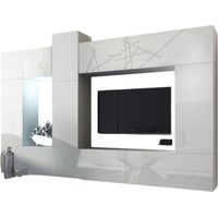 Set di mobili da soggiorno bianchi sospesi collezione CEPTO XXII. 273cm, 10 mobili, led, modulari.