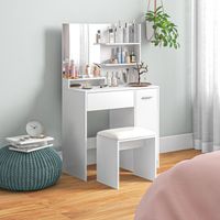 Coiffeuse avec tabouret, miroir, tiroir, étagère réglable et étagères ouvertes anti-basculantes, blanc et beige