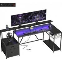 Bureau gamer angulaire noir avec hub de recharge, LED et support moniteur 192.5x80x86.5 cm