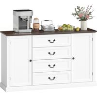 Credenza da Cucina Stile Vintage con 4 Cassetti e 2 Armadietti con Mensole Regolabili, 147x40x87, Bianco