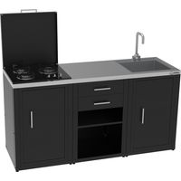 Set cucina da esterno a gas 3 elementi con lavello, rubinetto e tagliere con 2 cassetti estraibili - struttura in acciaio e piano in acciaio inox - Nero