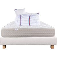 Ensemble Matelas Dreamlux 26cm ressorts ensachés ferme face été/hiver+sommier beige ep20cm+oreiller+couette, 140x190cm