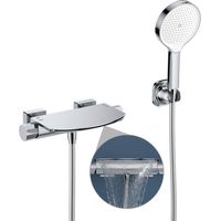 Miscelatore Vasca da Bagno Cromato con Cascata e Doccetta, Rubinetto a Parete in Ottone, Miscelatore Monocomando con Ampia Mensola Portaoggetti, Installazione a Muro, Facile da Installare