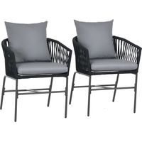 Outdoor Stühle, 2-er Set, Boho-Design, Sitz- und Rückenkissen, bequeme Sitzschale, Metallrahmen, Schwarz