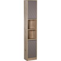 Mobiletto Salvaspazio per Bagno , Mobile da Bagno con 2 Armadietti e Ripiani Regolabili, Design a Colonna, 30x24x170 cm, Grigio e Rovere