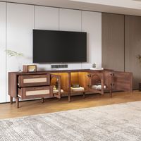 Mobile TV marrone 180 cm per televisore da 80" - con 2 cassetti in rattan, 2 ante in vetro ad arco e 1 anta in rattan, illuminazione a LED, offre elegante spazio per riporre, mobile TV