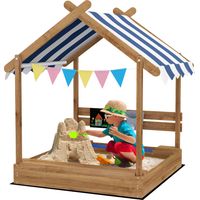 Sandkasten mit Sonnenschutz, Spielhaus-Design, mit Spielzeug-Set, behandeltes Massivholz, 124 x 116 x 146 cm, Braun
