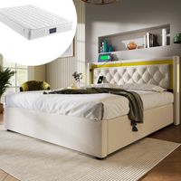 Cama doble con almacenaje LED y carga USB tipo C OKMYHOME