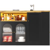 Mobile Bar con Piano Girevole 360, Ripiani Aperti, Anta in Vetro Rigato e LED per Cucina in MDF Nero