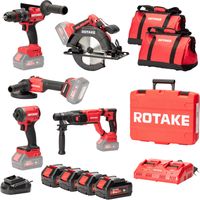 Ensemble de 5 machines ROTAKE 18V - Perceuse visseuse à percussion D2H-50D + Meuleuse G1-125 + PERFORATEUR 8902 + Scie circulaire 8303 + Visseuse à chocs S1 - ROTAKE - avec 4 batteries 18V 5Ah + charg