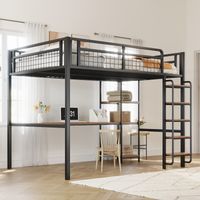 Letto a Soppalco 140×200 cm, Letto Matrimoniale con Scala a Gradini, Scrivania e Mensole, senza Materasso, in Metallo, Nero