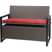 Poly-Rattan Banc 2 places HHG-564, Banc de jardin coffre, rangement Coussin d'assise, gris chiné, coussin rouge