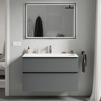 BERNSTEIN - Meuble vasque suspendu MDF Anthracite mat, lavabo fonte Blanc mat + trou robinet, poignée Anthracite mat 100x46x62cm - LAVOA
