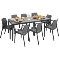 Dmora – Ensemble de salon de jardin 8 places – Imperméable – Structure en plastique noir – Table extensible – Chaises confortables