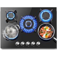 Plaque de cuisson gaz 5 feux 70 cm – Brûleurs haute performance – Puissance 10 400 W – Énergie gaz naturel et propane – Encastrable noire