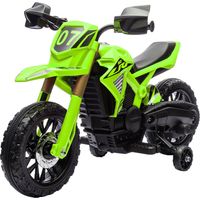 Moto électrique enfant 12V vert avec roues auxiliaires, batterie 30kg