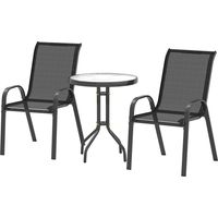 Set de jardin 3 piezas mesa vidrio sillas apilables negras 70x70x70 cm