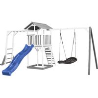 Axi Beach Tower Aire De Jeux Blanc Avec Toboggan En Bleu, Cadre D'Escalade, Balançoire Nid D'Oiseau & Bac À Sable Noir Grande Maison Enfant Extérieur En Gris & Blanc Cabane De Jeu En Bois Fsc