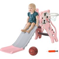 Tobogán para Niños de 18 a 36 Meses con 2 Escaleras 1 Canasta de Baloncesto y Patrón de Tigre 133x60x70 cm Rosa y Gris