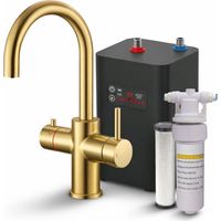 Brushed Brass 3 in 1 Instant Boiling Hot Water Kitchen Tap Curved + Tank Filter