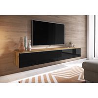 Mueble de TV Lowboard D 180 cm, mueble de televisión con iluminación LED, mueble de televisión colgante, color wotan/negro brillo