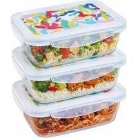 Lunch box - PYREX - Lot de 3 boîtes en verre - Rectangulaire - Couvercle hermétique - Design abstrait - 0.80 L