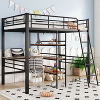 Lit mezzanine 90x200 cm avec bureau en L, garde-corps, échelle, étagères, sans matelas, noir