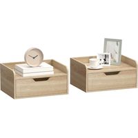 Lot de 2 tables de chevet murales, tables de nuit avec tiroir et plateau à rebords surélevés, 40x30x19,5cm, bois naturel