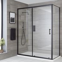Milano Nero Black Corner Wet Room Walk In Sliding Door Shower Enclosure with White Slate Effect Tray and Fast Flow Waste - 1100mm x 700mm